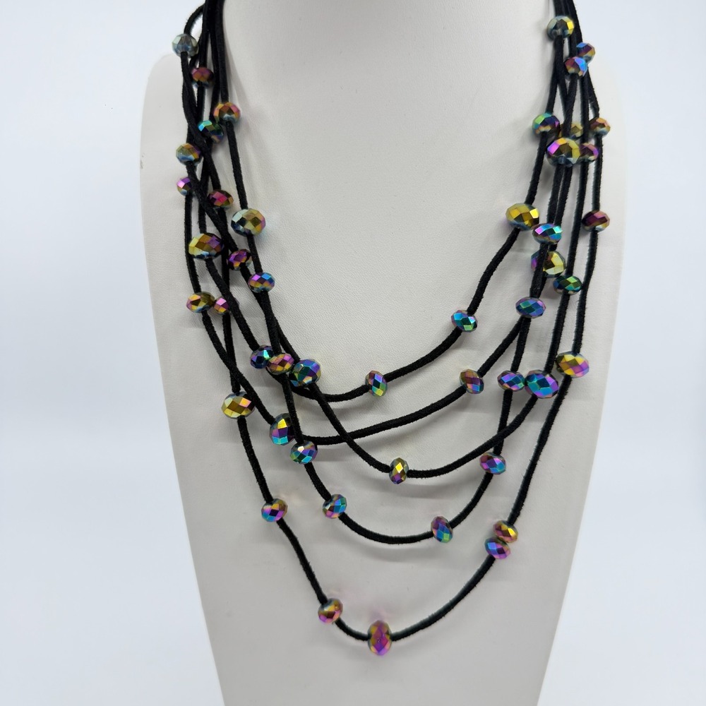 Boho Multi-Strand Black Cord Necklace with Iridescent Faceted Beads